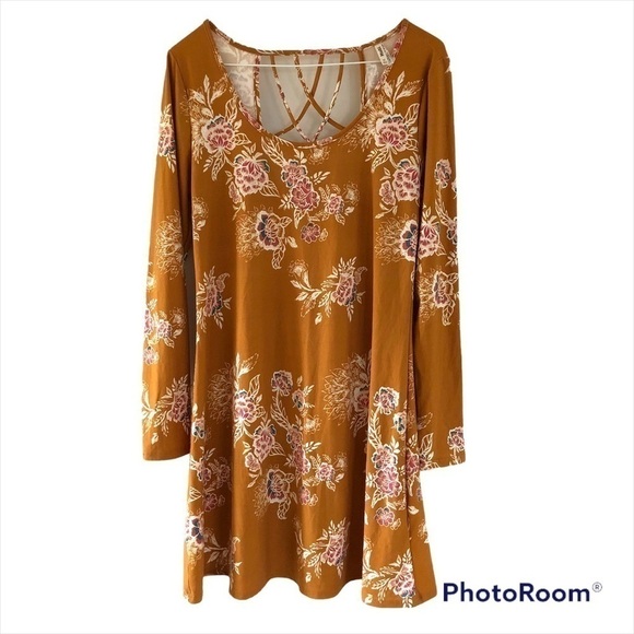 Mudd floral dress cut out back, long sleeve midi tunic dress. Mustard yellow M - Picture 7 of 7